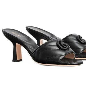 GUCCI BLACK CHEVRON DOUBLE G MID-HEELS SANDALS SHOES